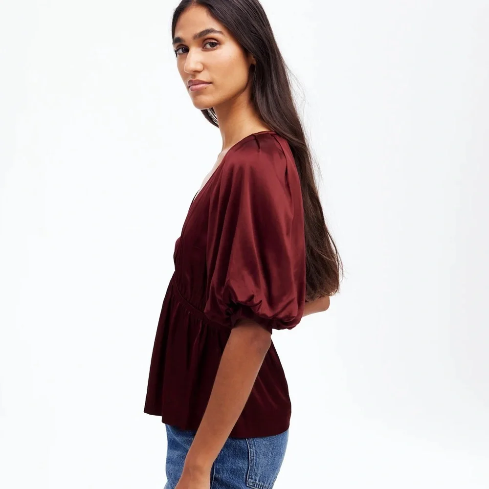 NWT Madewell Shirred Puff-Sleeve Top in Satin